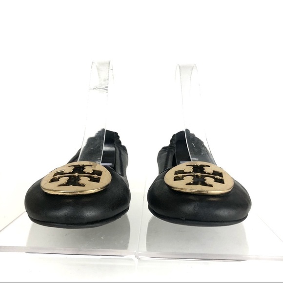 Tory Burch Reva Black Leather Ballet Flats Gold Logo Sz 7.5 - Picture 2 of 7